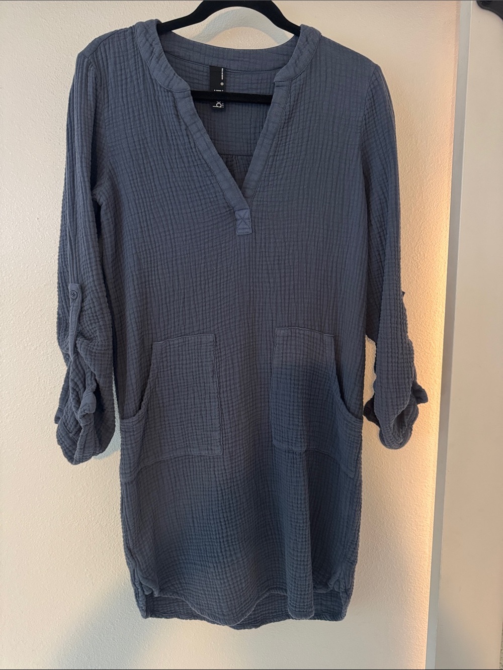 bobi Casual Gauze Tunic with Front Pockets - Slate Blue